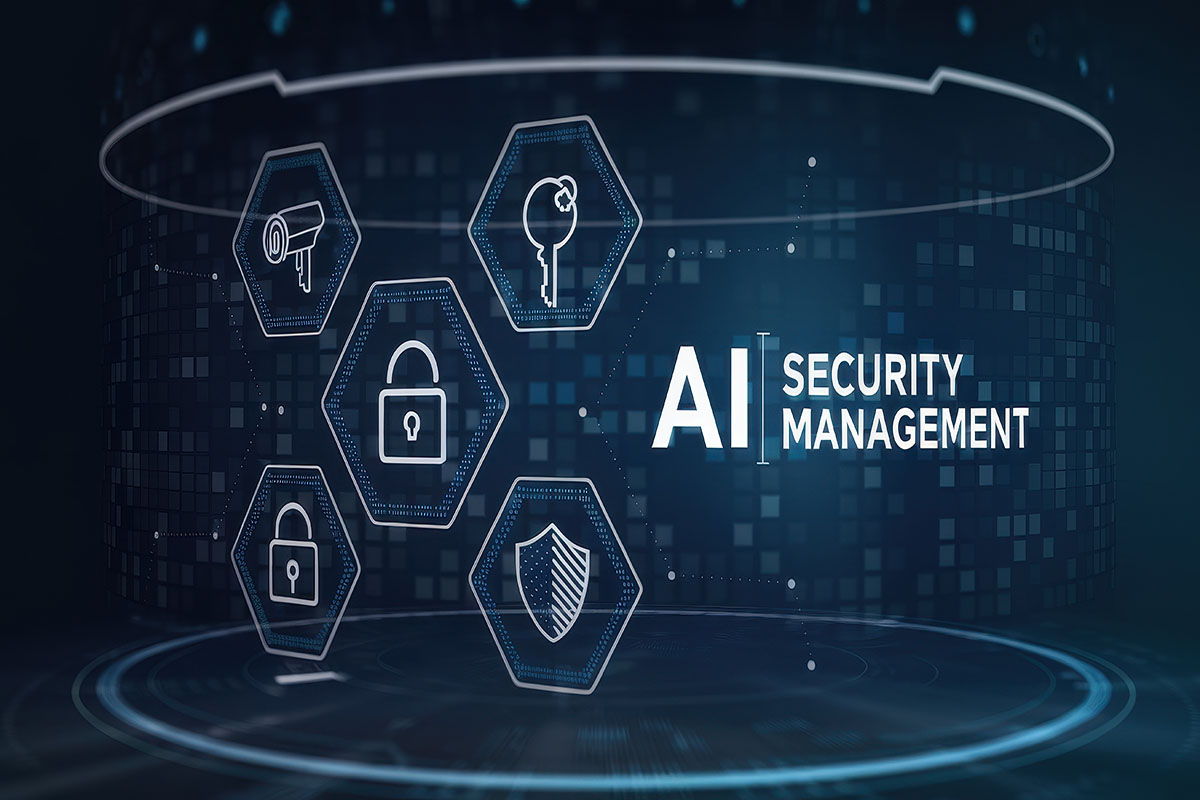 Artificial intelligence robot with warning signs and cybersecurity threat indicators