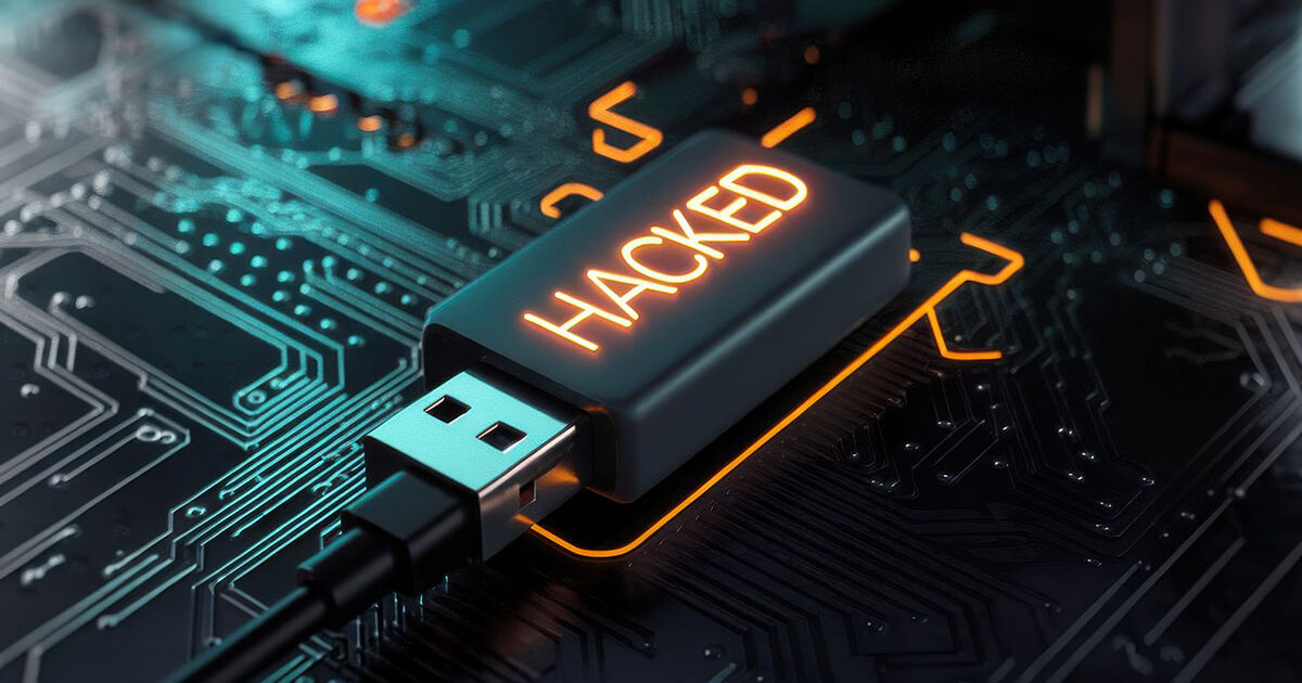 USB drive with warning symbols and computer security scanning for malware and threats