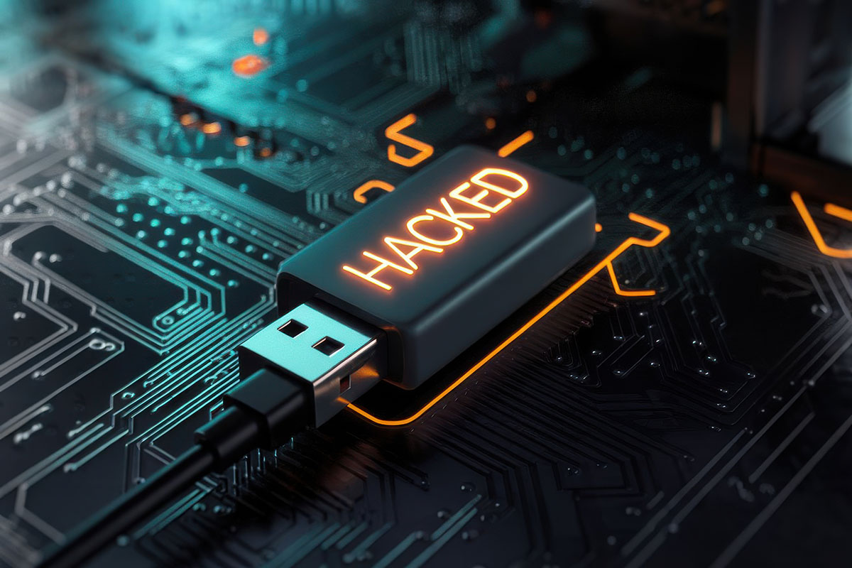 USB drive with warning symbols and computer security scanning for malware and threats