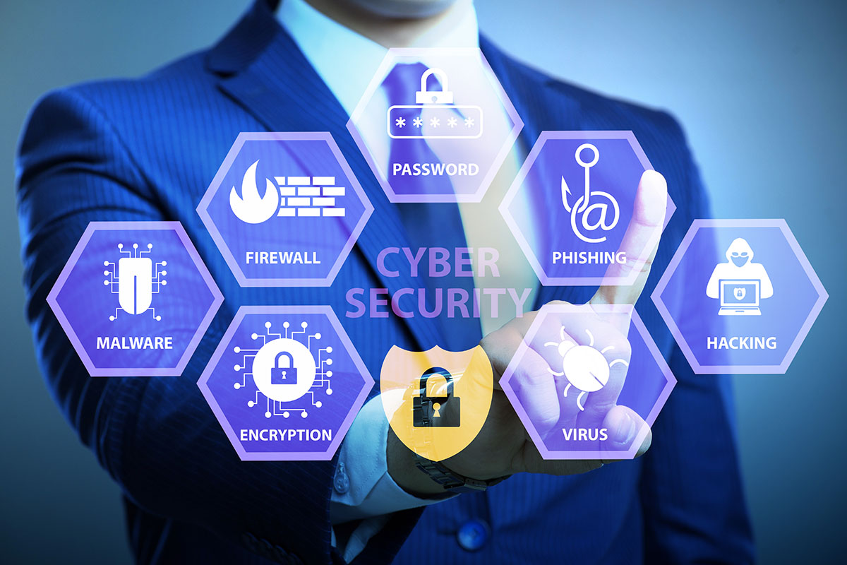 Small business office with computer network protected by security shields and budget-friendly protection symbols